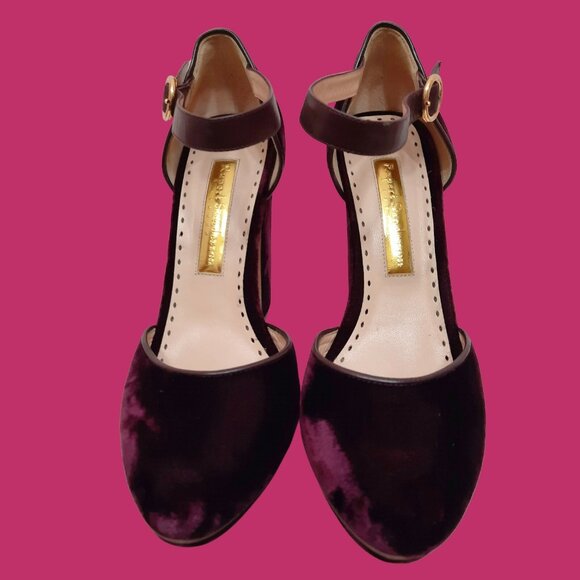 Rupert Sanderson Ravenna Burgundy Velvet Platform Heels EUR 40 US 10 Ankle Strap - Picture 2 of 9